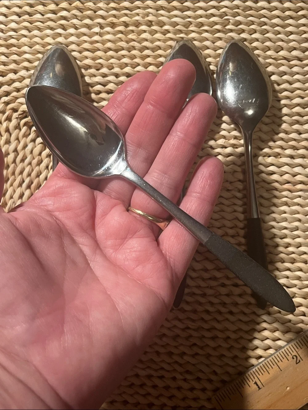 MCM Epic Forged Stainless 3 Large 1 Small Spoons w/Black Handles - Set of 4 Vtg